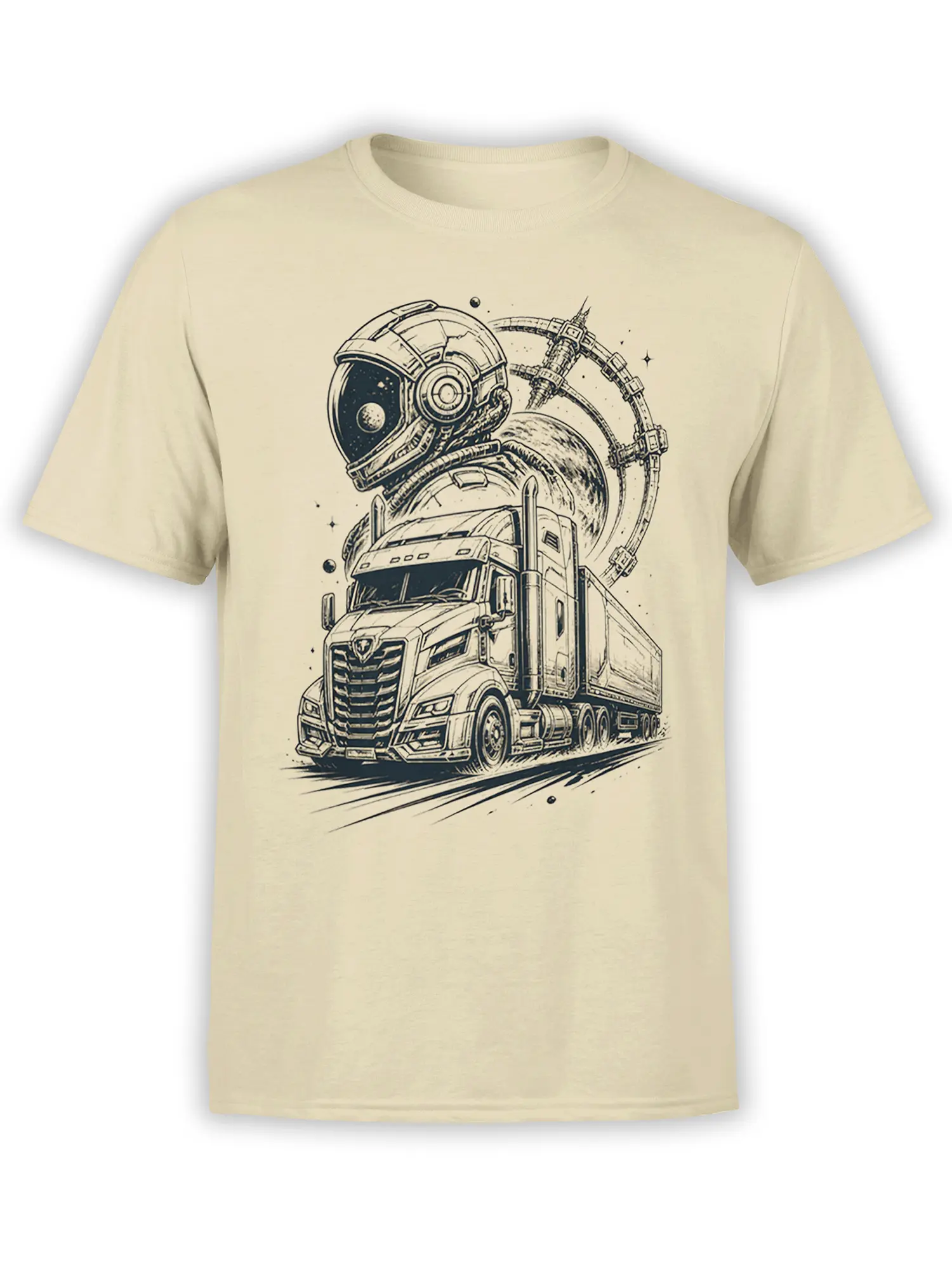 Beige astronaut truck T-shirt with a futuristic semi, helmet, moon, stars, and ringed planet