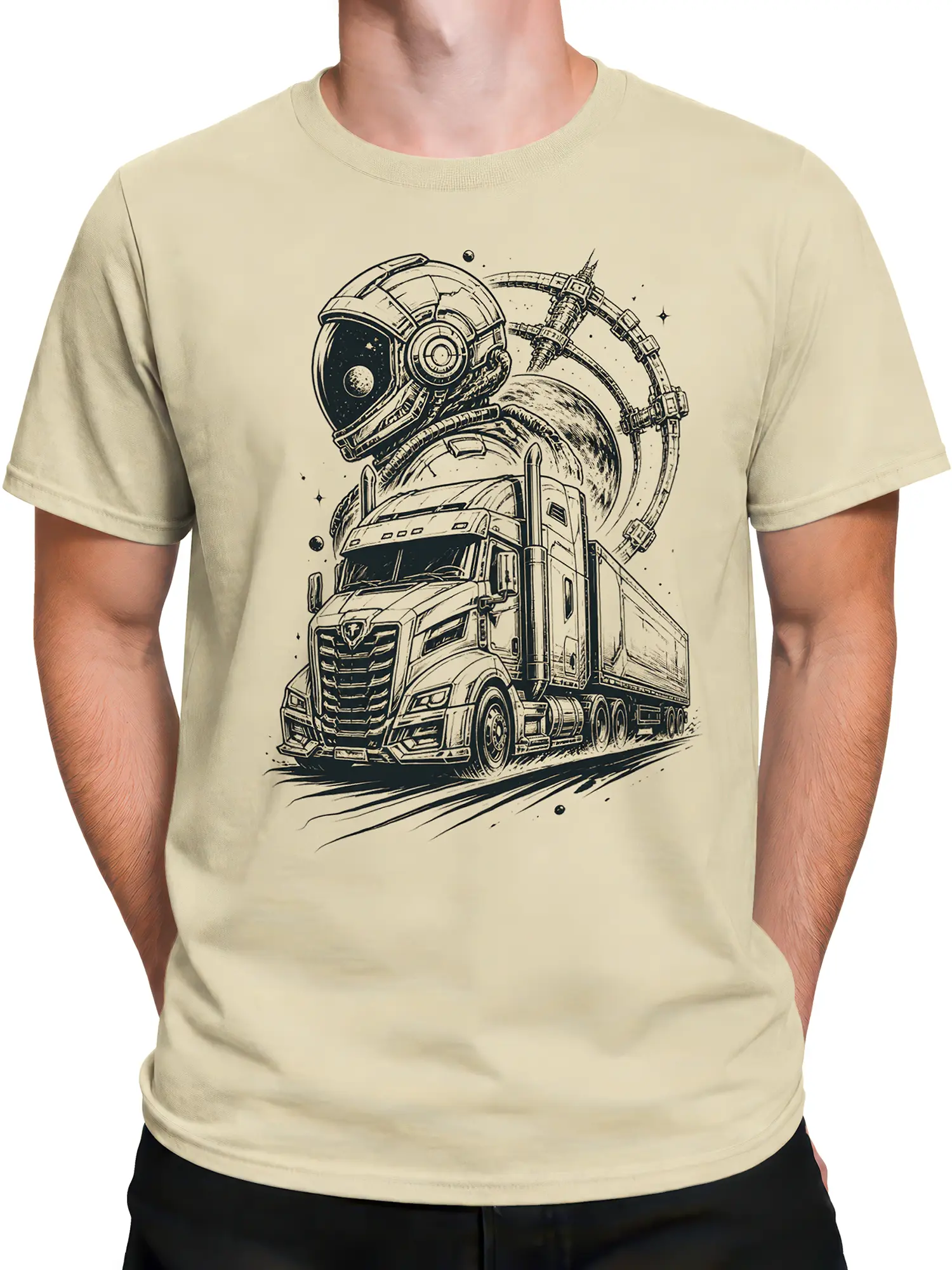 Male torso wearing a beige astronaut truck T-shirt with detailed cosmic vehicle artwork