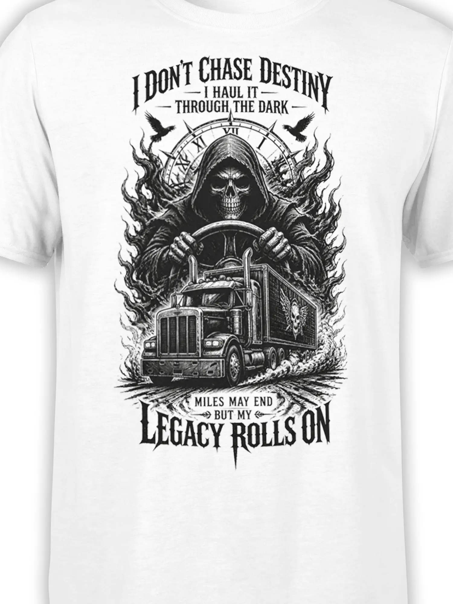 Close-up of grim reaper and semi truck graphic on a white gothic legacy T-shirt