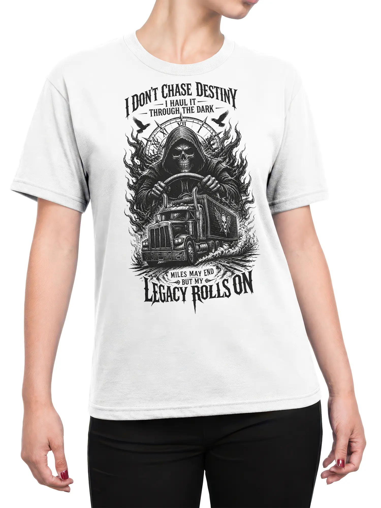 Female torso wearing a white grim reaper semi truck graphic T-shirt with gothic legacy artwork