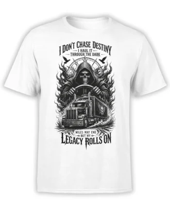 White T-shirt with a grim reaper driving a semi truck through flames and dark gothic artwork