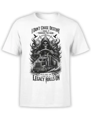 White T-shirt with a grim reaper driving a semi truck through flames and dark gothic artwork