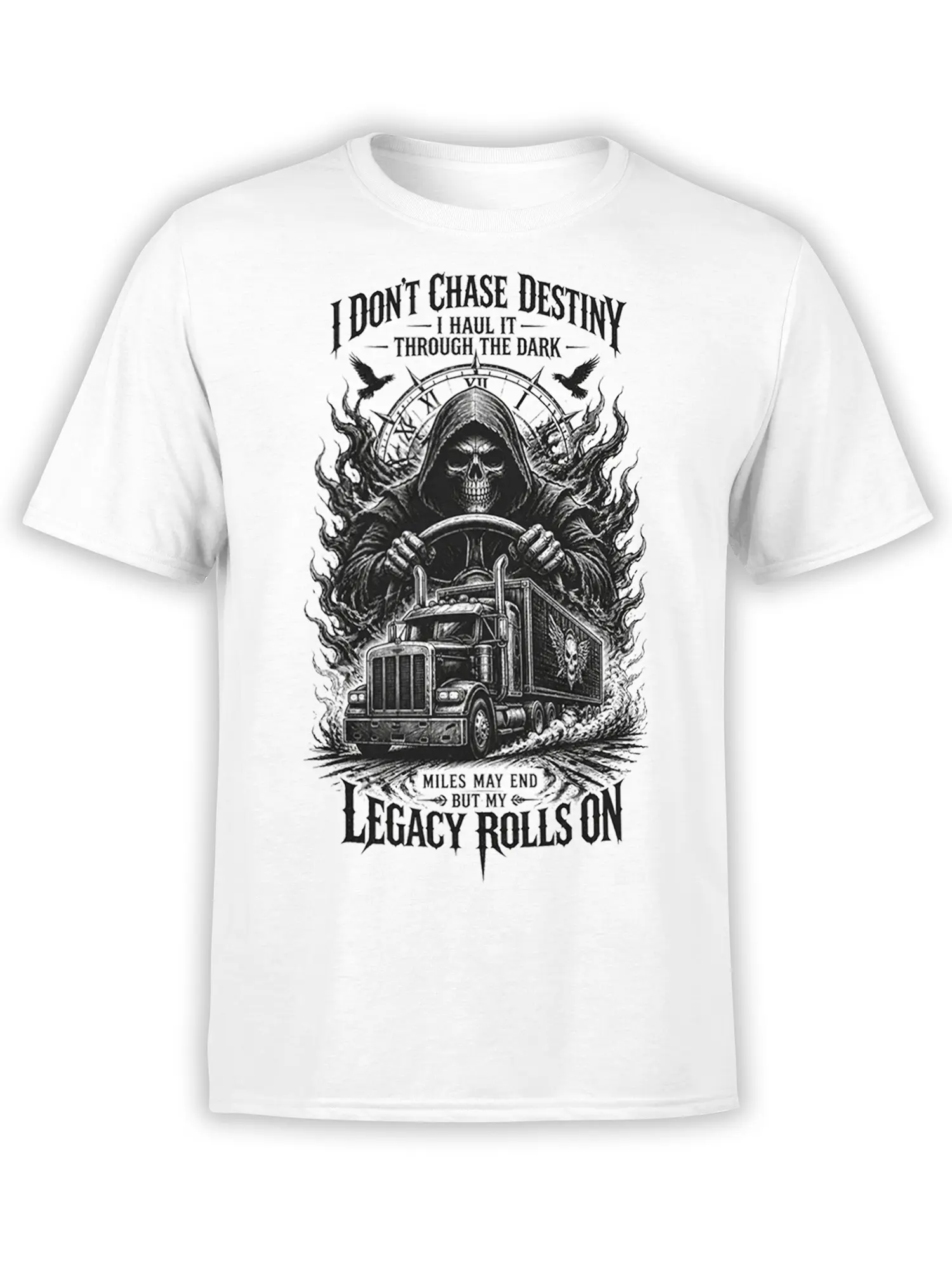 White T-shirt with a grim reaper driving a semi truck through flames and dark gothic artwork