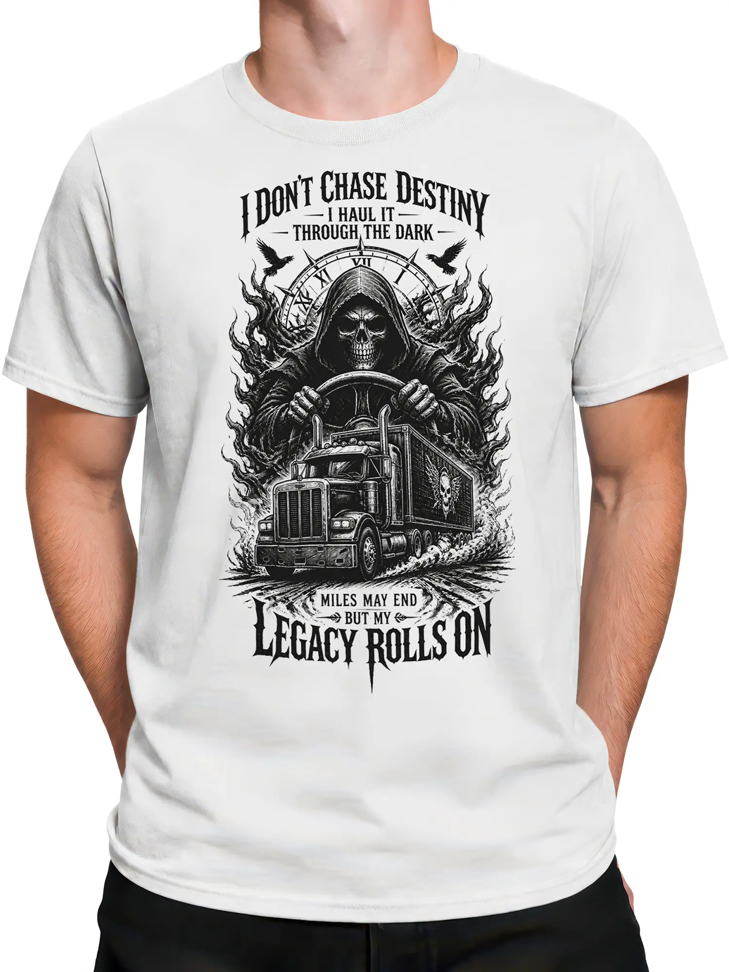 Male torso wearing a white grim reaper truck graphic T-shirt with dark road artwork