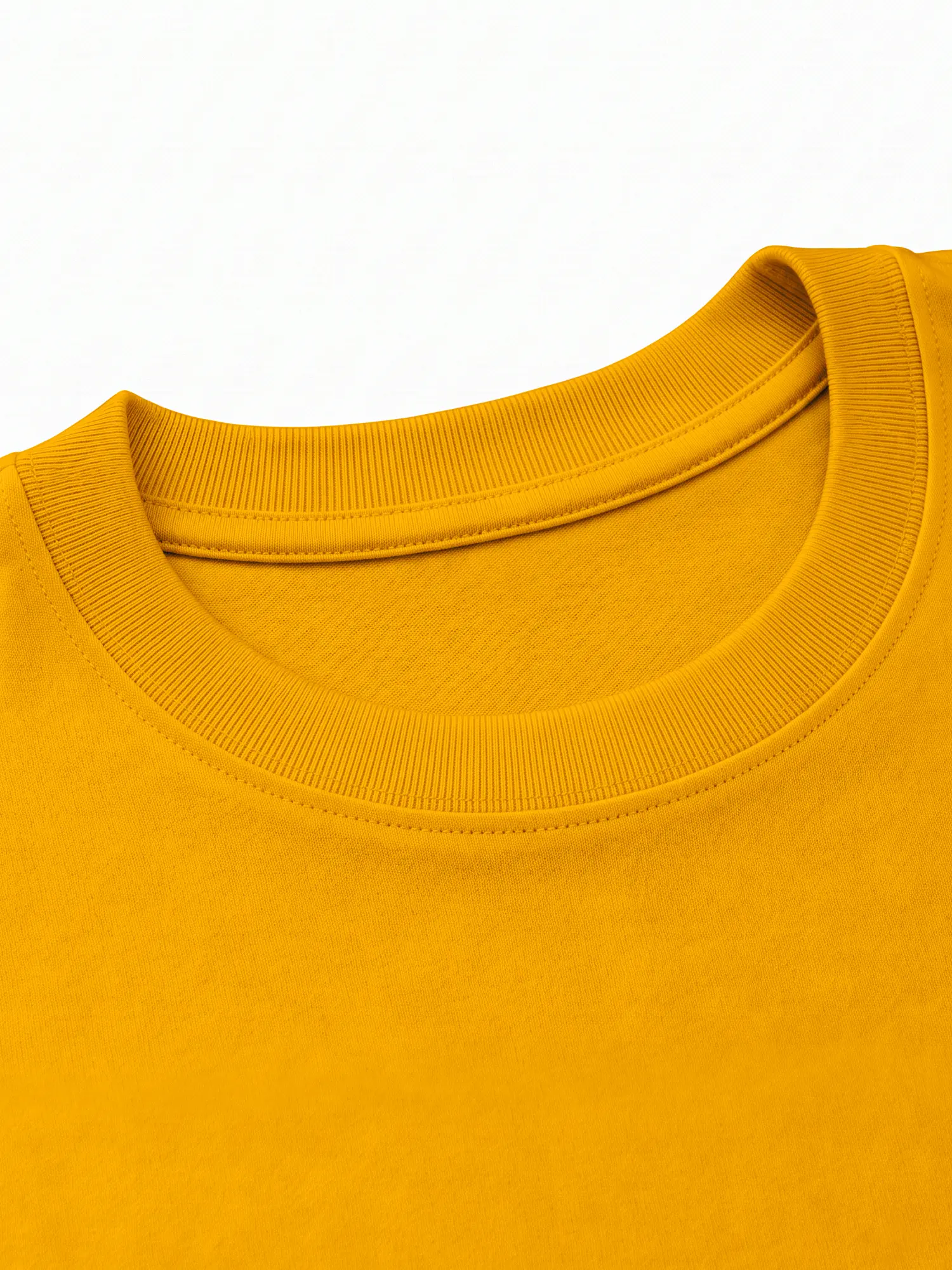 Yellow cotton T-shirt collar and upper fabric in a close-up view