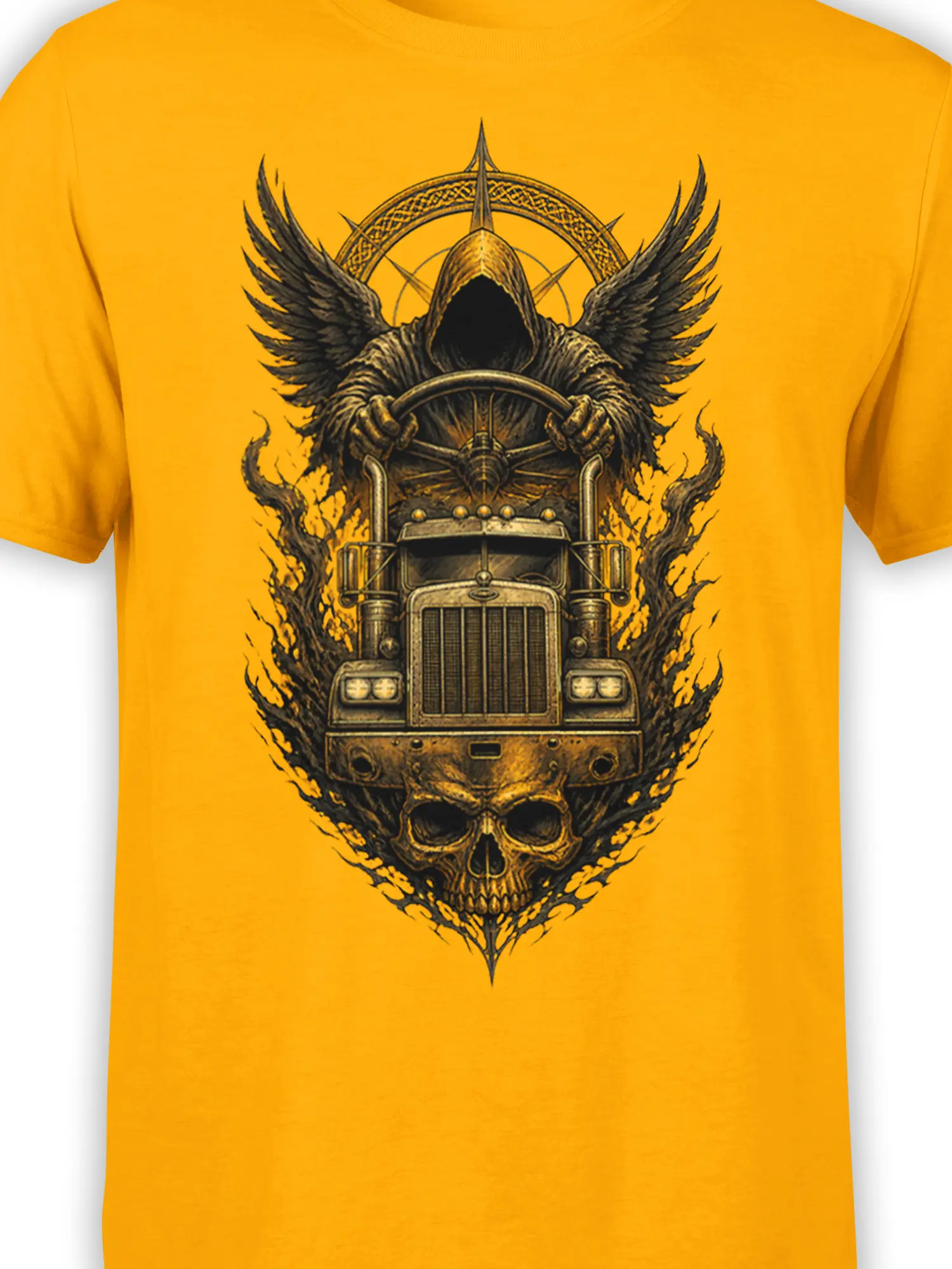 Close-up of the hooded driver, black wings, truck grille, and skull graphic on a yellow T-shirt