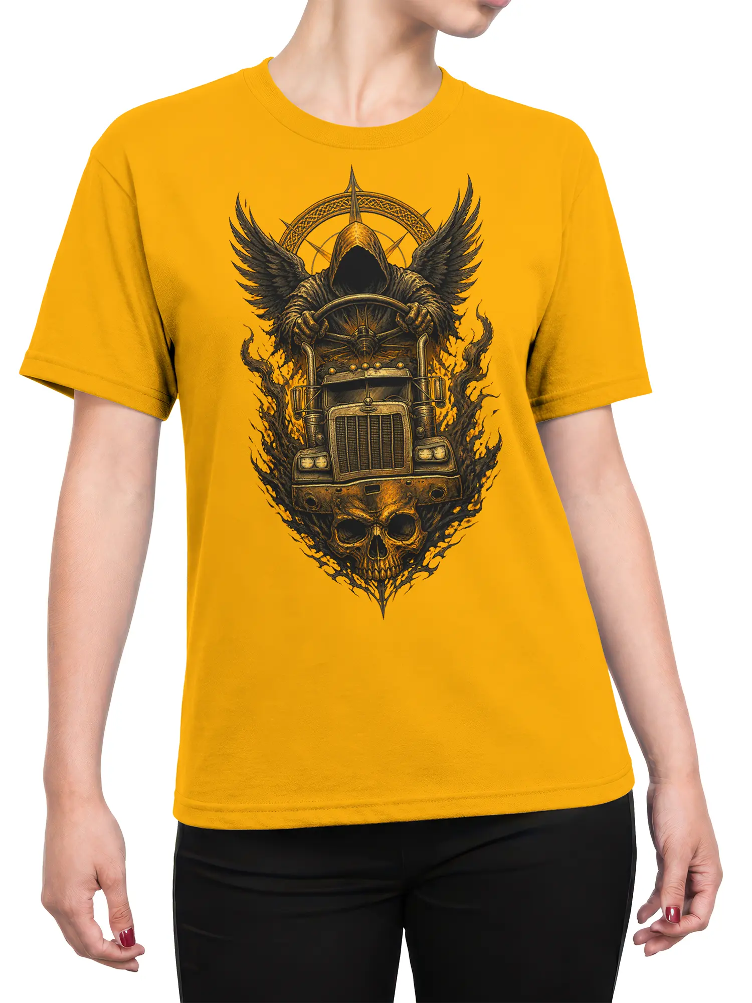 Female torso wearing a yellow T-shirt with a hooded winged truck driver and skull graphic