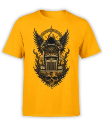 Hooded winged figure driving a large truck above a skull on a yellow T-shirt