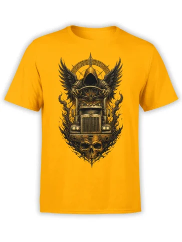 Hooded winged figure driving a large truck above a skull on a yellow T-shirt