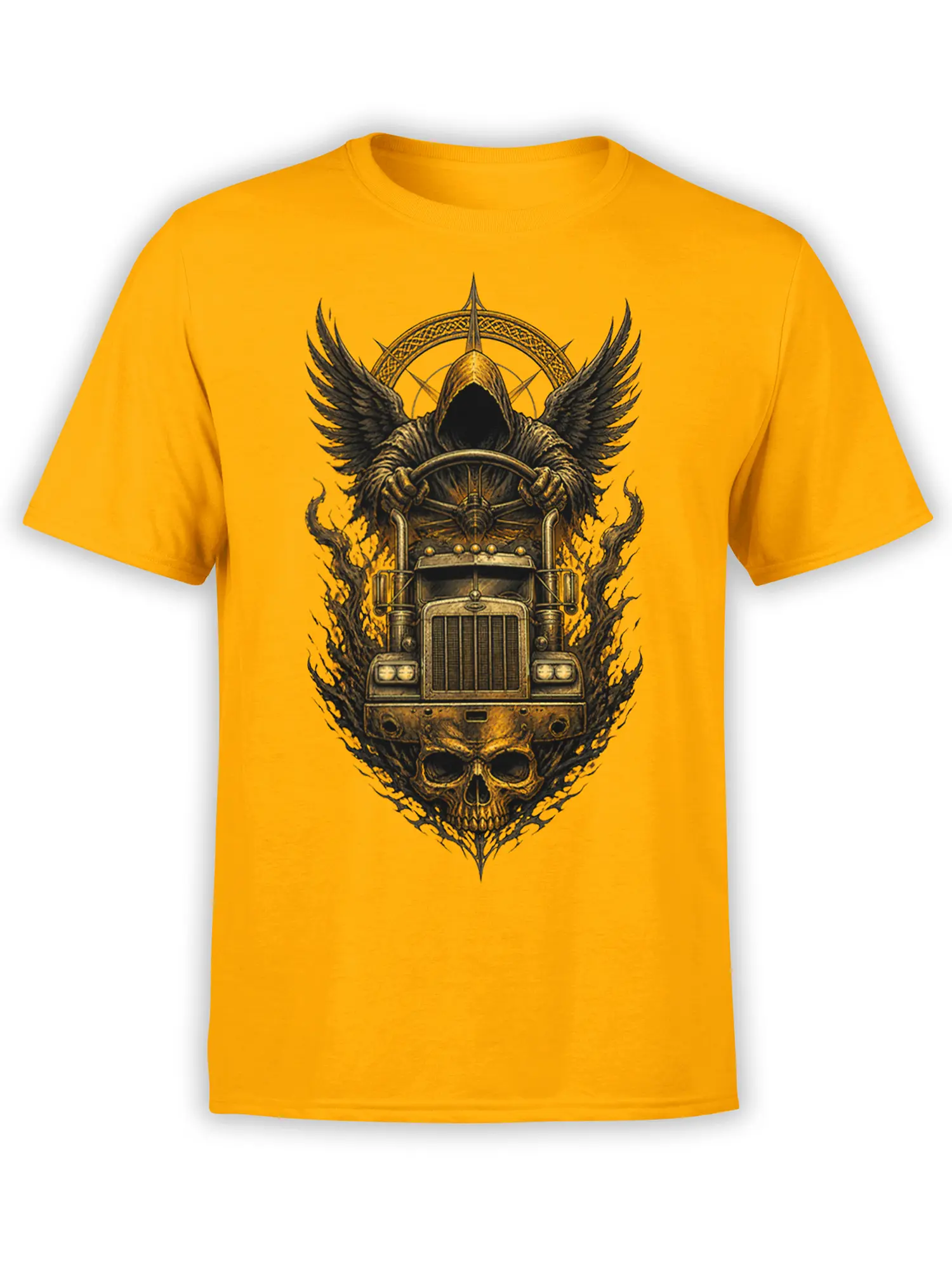 Hooded winged figure driving a large truck above a skull on a yellow T-shirt