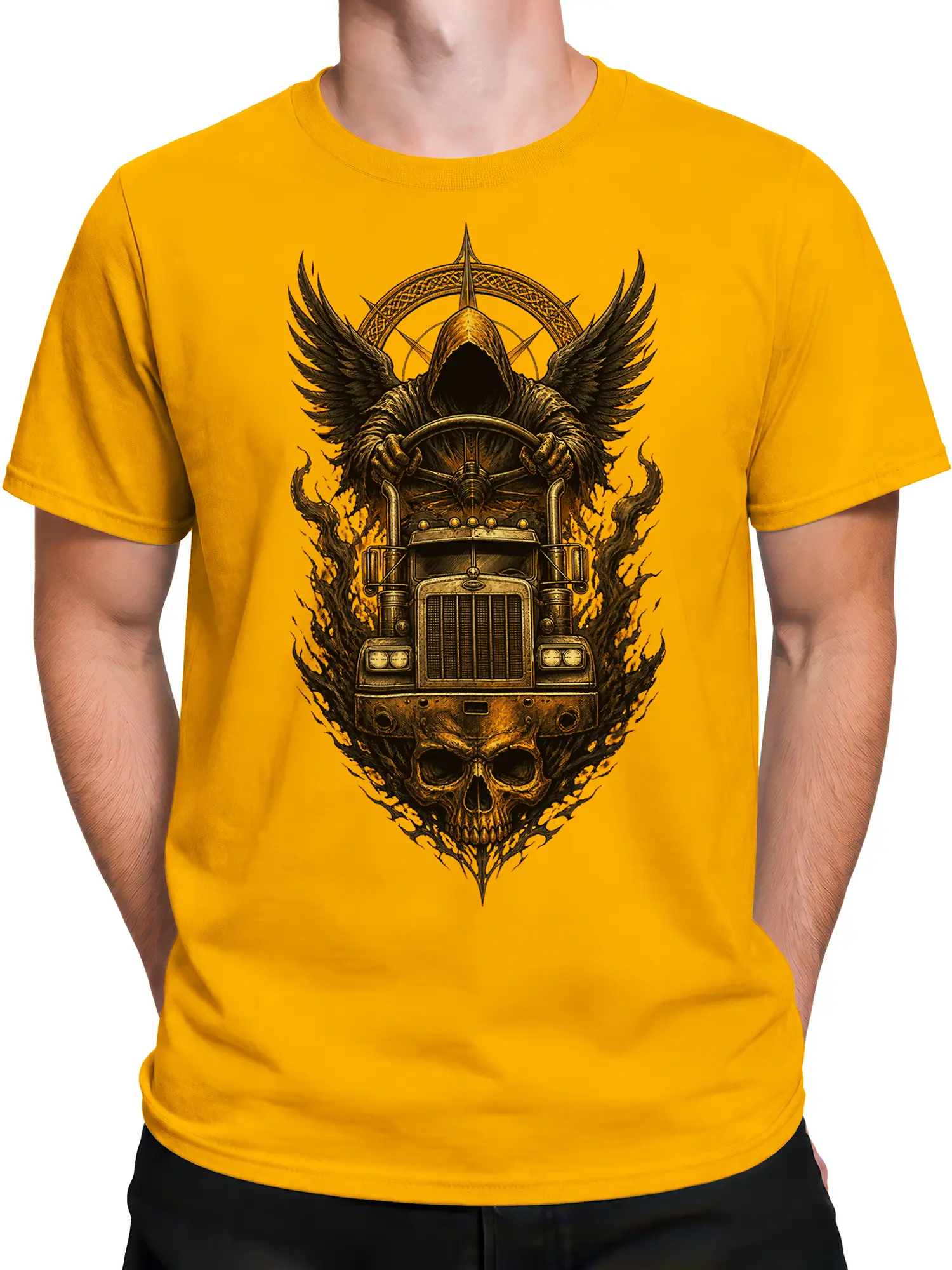 Male torso wearing a yellow T-shirt with a dark fantasy truck and winged skull design