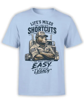 Determined bear trucker graphic with semi truck and no-shortcuts lettering on a light blue T-shirt