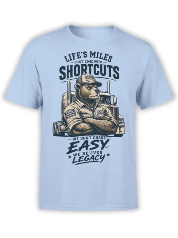 Determined bear trucker graphic with semi truck and no-shortcuts lettering on a light blue T-shirt