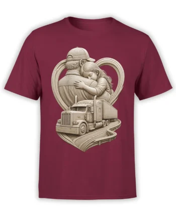 Burgundy T-shirt with vintage truck driver, sleeping child, semi-truck, and heart-shaped highway design