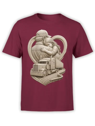Burgundy T-shirt with vintage truck driver, sleeping child, semi-truck, and heart-shaped highway design