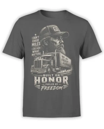 Vintage gray trucker T-shirt with bearded driver, semi truck, and bold honor and freedom lettering