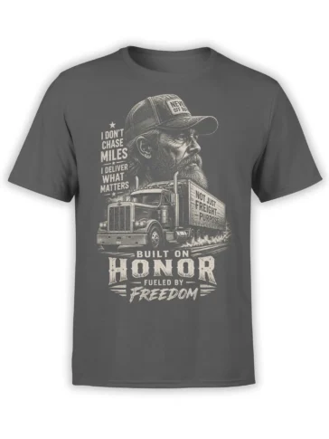 Vintage gray trucker T-shirt with bearded driver, semi truck, and bold honor and freedom lettering