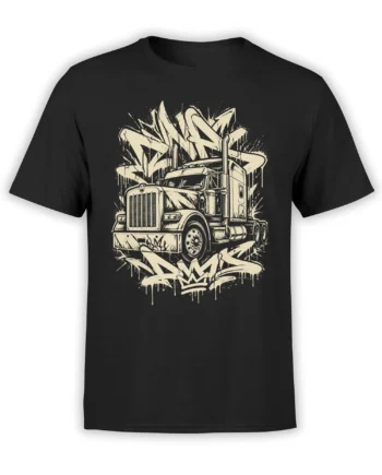 Black T-shirt featuring a cream semi truck graphic with graffiti lettering, dripping details, and a crown.