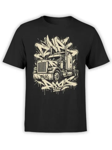 Black T-shirt featuring a cream semi truck graphic with graffiti lettering, dripping details, and a crown.