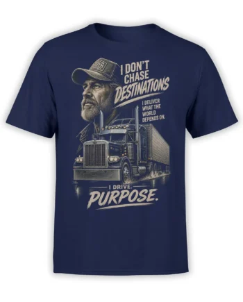Vintage bearded truck driver and detailed semi truck with purpose lettering on a navy T-shirt