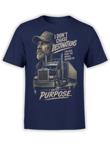 Vintage bearded truck driver and detailed semi truck with purpose lettering on a navy T-shirt