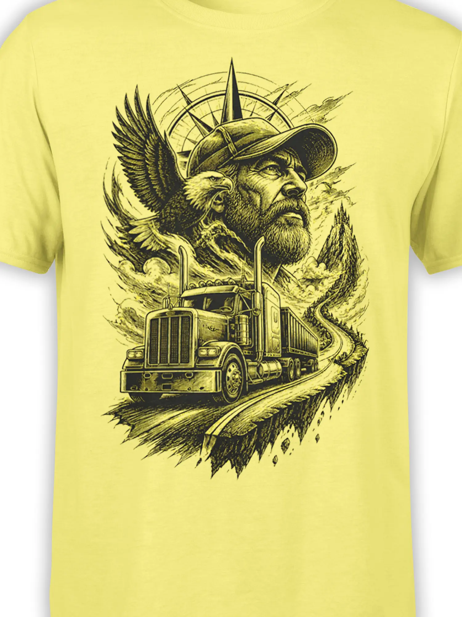 Close-up of the yellow truck T-shirt design showing the semi truck, bearded man, eagle, compass, and mountain details
