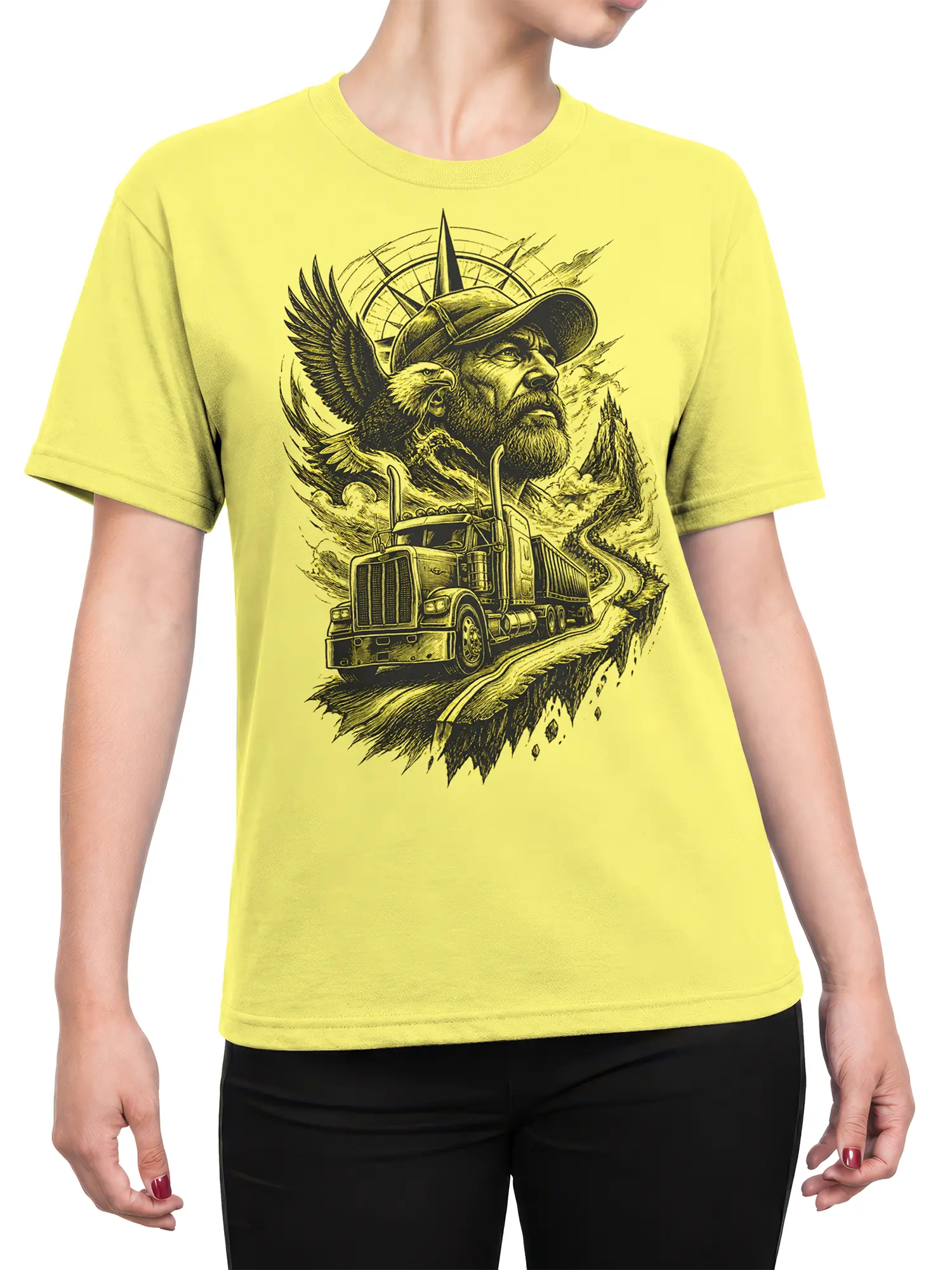 Female torso wearing a yellow T-shirt with a vintage semi truck, eagle, bearded man, and mountain road design