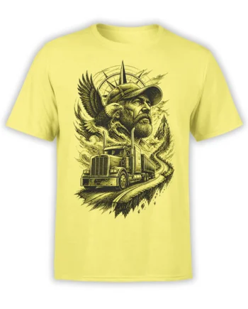 Yellow truck T-shirt featuring a vintage semi truck, bearded driver, eagle, compass, and winding mountain road