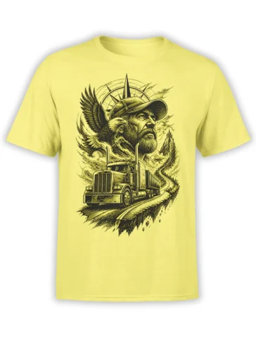 Yellow truck T-shirt featuring a vintage semi truck, bearded driver, eagle, compass, and winding mountain road