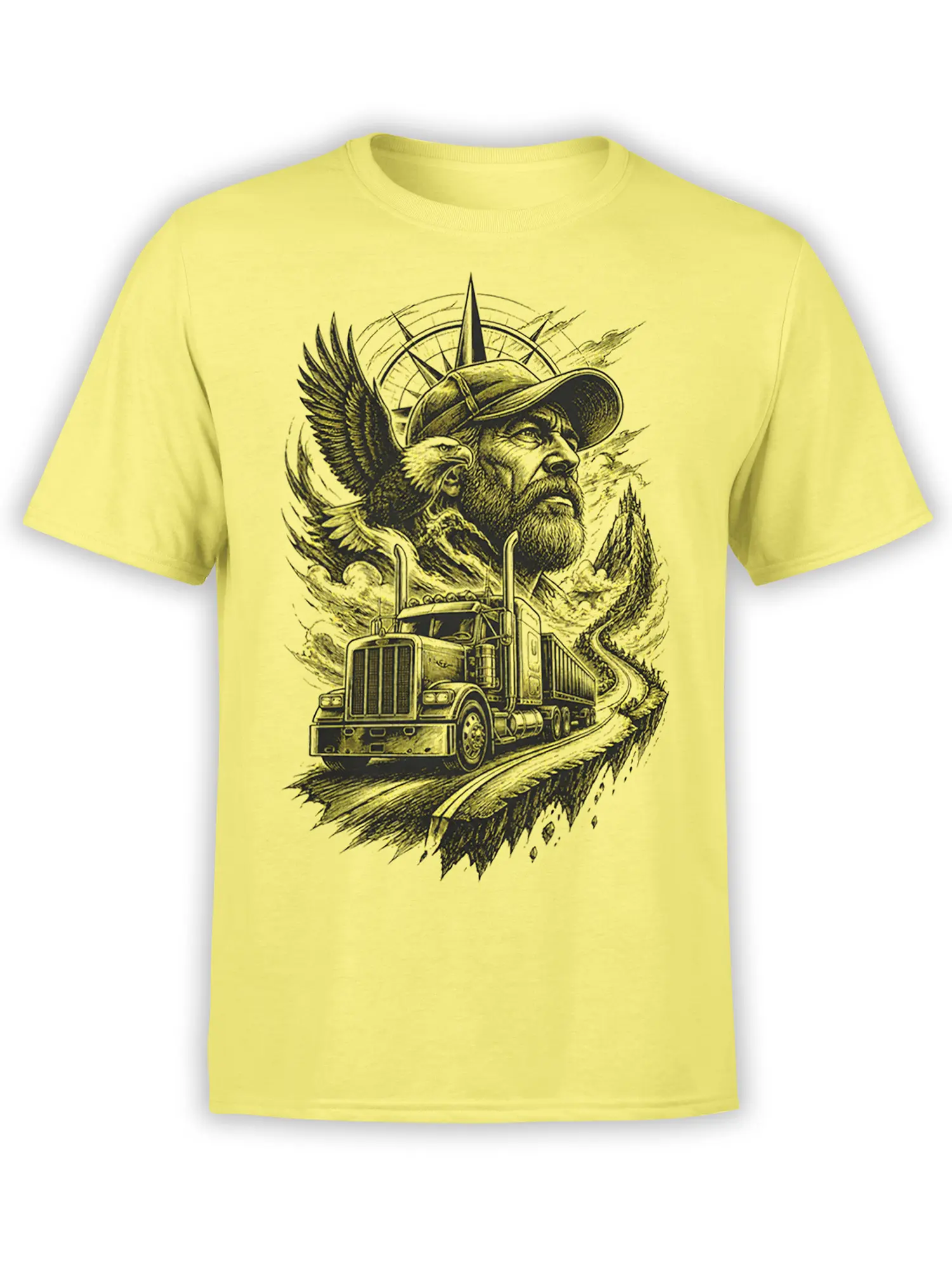 Yellow truck T-shirt featuring a vintage semi truck, bearded driver, eagle, compass, and winding mountain road