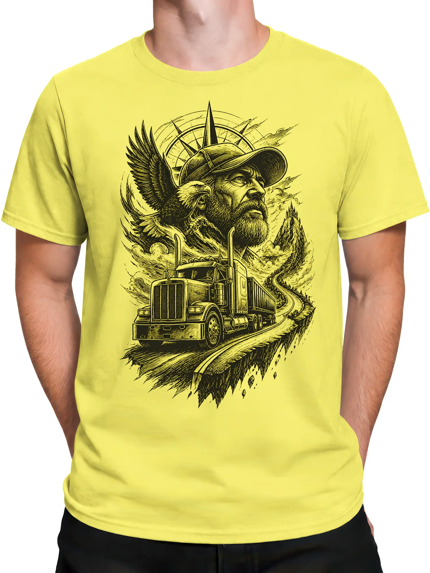 Male torso wearing a yellow T-shirt with a vintage semi truck, eagle, bearded man, and mountain road design