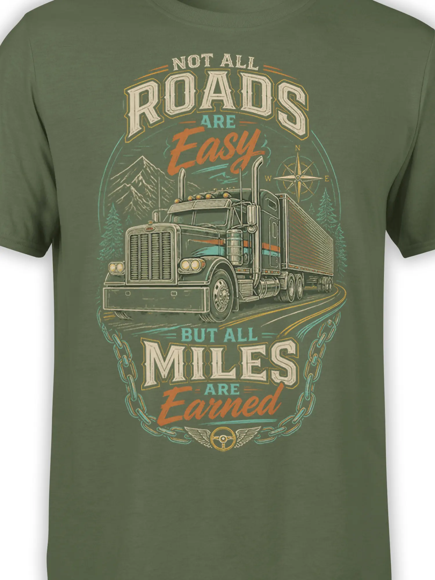 Close-up of green trucker T-shirt design with semi truck, mountain road, compass, and bold earned miles text