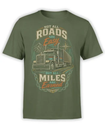Vintage semi truck T-shirt in green with mountain road, compass, chains, and earned miles lettering