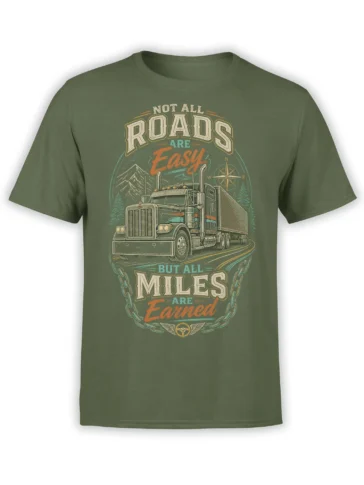 Vintage semi truck T-shirt in green with mountain road, compass, chains, and earned miles lettering