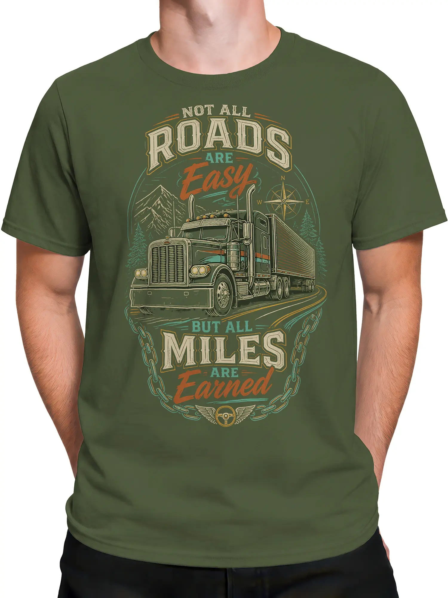 Male torso wearing a green semi truck T-shirt with vintage mountain highway and earned miles graphic