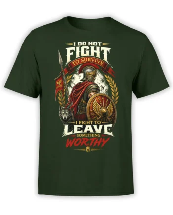Roman warrior T-shirt in dark green with wolf, shield, laurel branches, and a bold worthy survival motto