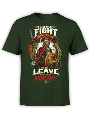 Roman warrior T-shirt in dark green with wolf, shield, laurel branches, and a bold worthy survival motto