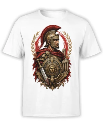 White T-shirt with detailed Roman warrior, sword, eagle shield, red plume, laurel branches, and columns