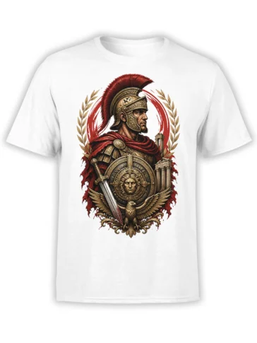 White T-shirt with detailed Roman warrior, sword, eagle shield, red plume, laurel branches, and columns