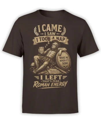 Sleepy Roman warrior nap design on a dark brown shirt with vintage beige lettering and shield artwork