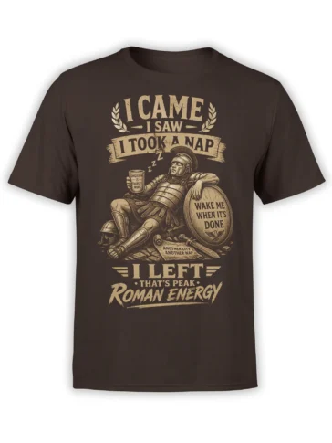 Sleepy Roman warrior nap design on a dark brown shirt with vintage beige lettering and shield artwork