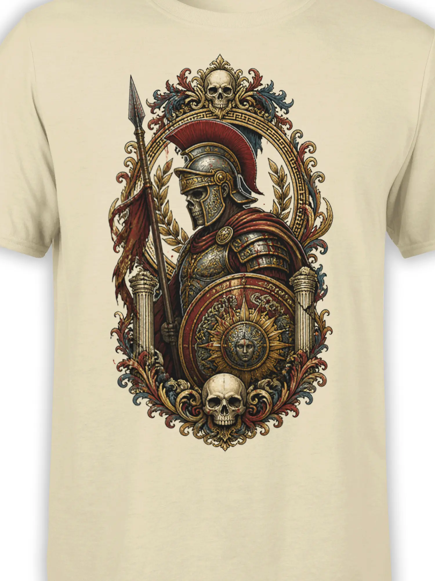 Close-up of Roman warrior T-shirt artwork with shield, spear, helmet, laurel leaves, and skull details