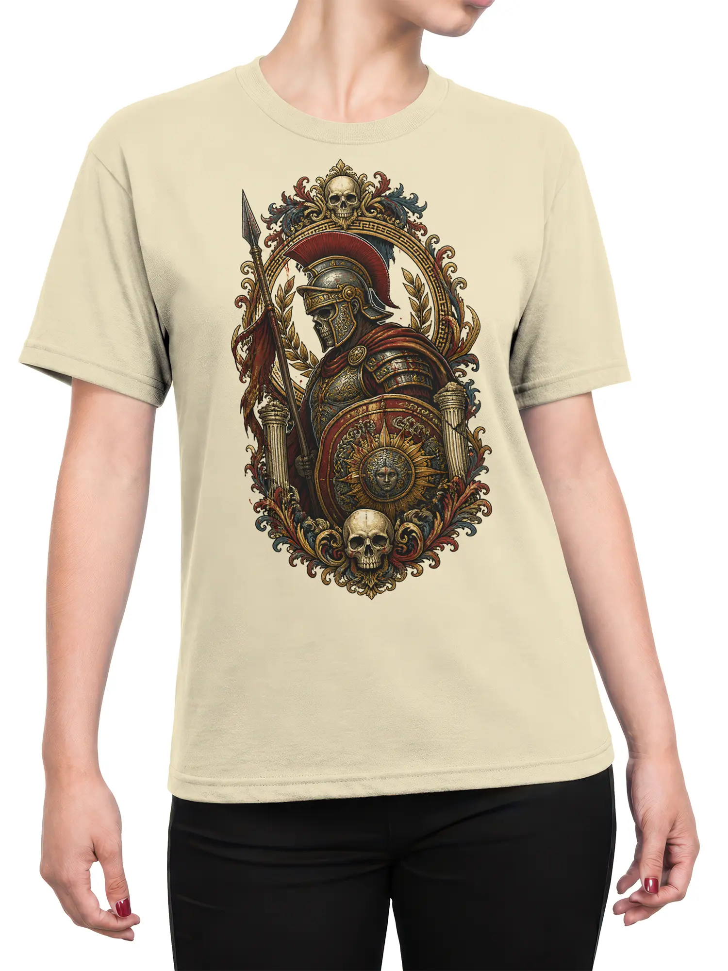 Female torso wearing a beige Roman warrior T-shirt with ornate shield, spear, laurel, and skull artwork