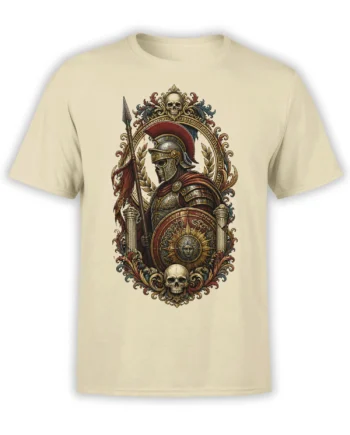 Beige T-shirt with ornate Roman warrior, spear, shield, laurel leaves, columns, and skull artwork