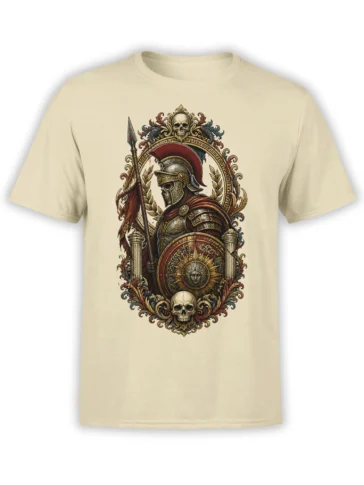 Beige T-shirt with ornate Roman warrior, spear, shield, laurel leaves, columns, and skull artwork