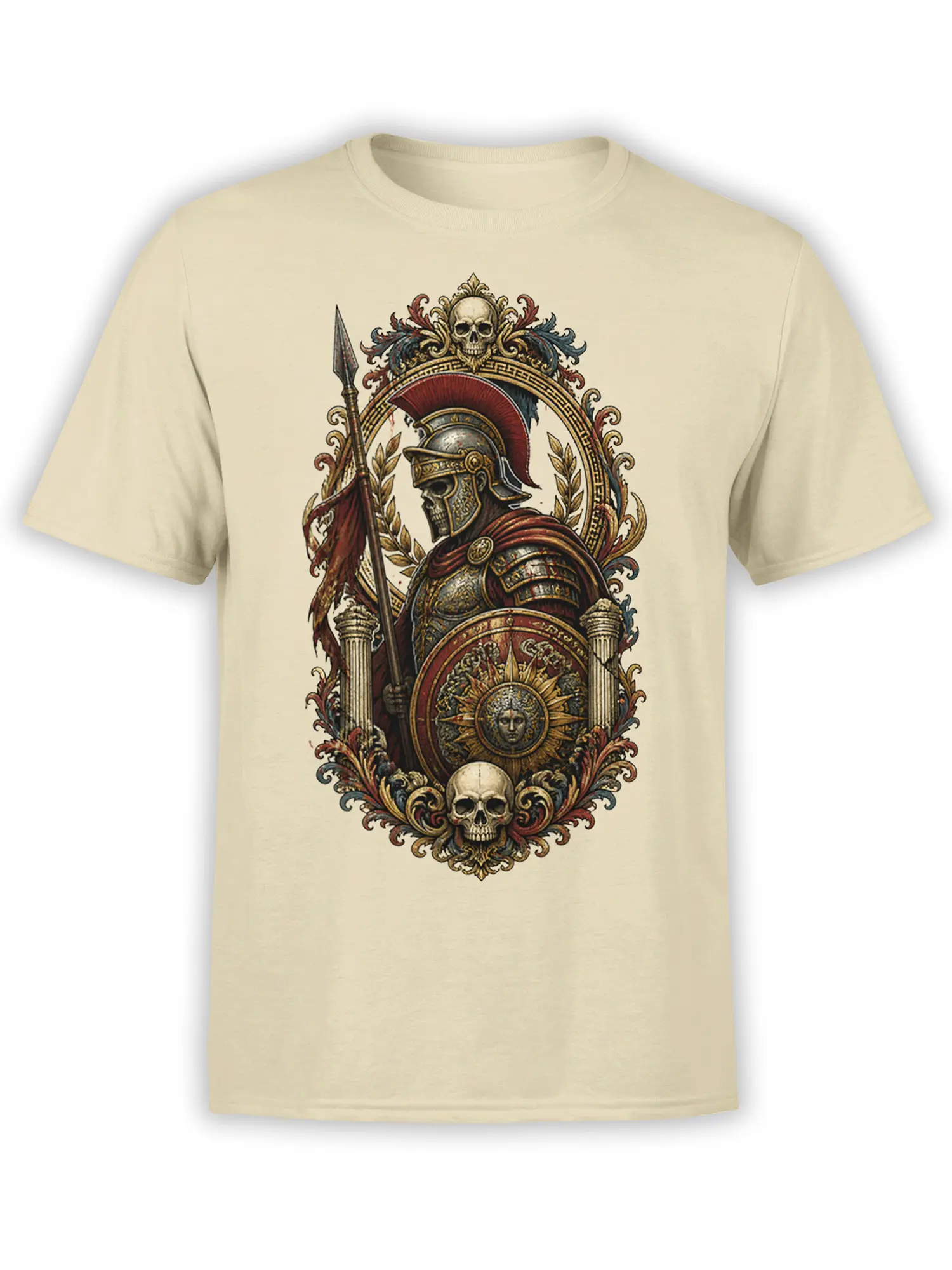 Beige T-shirt with ornate Roman warrior, spear, shield, laurel leaves, columns, and skull artwork