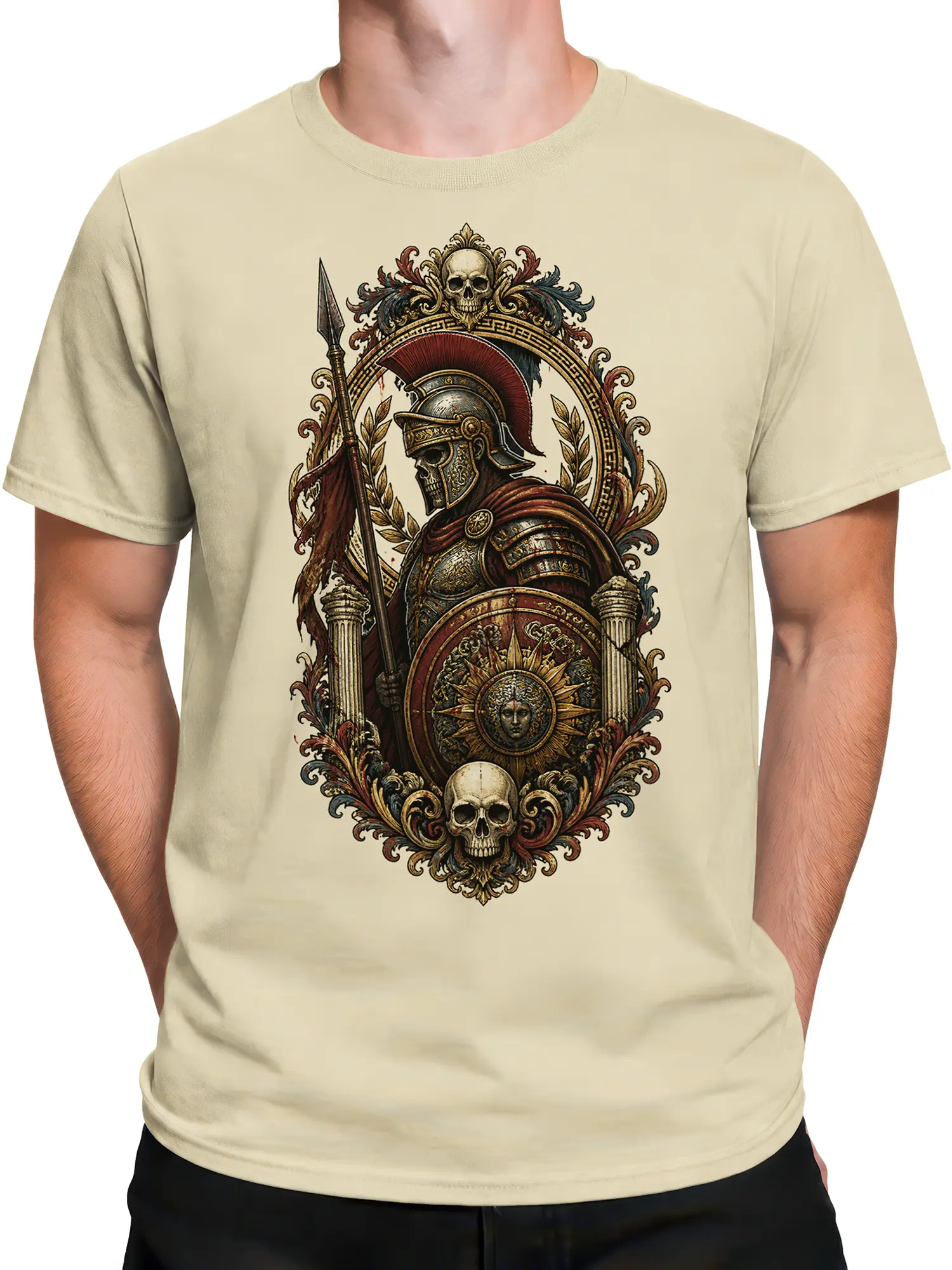 Male torso wearing a beige Roman warrior T-shirt with vintage shield, spear, laurel, and skull artwork