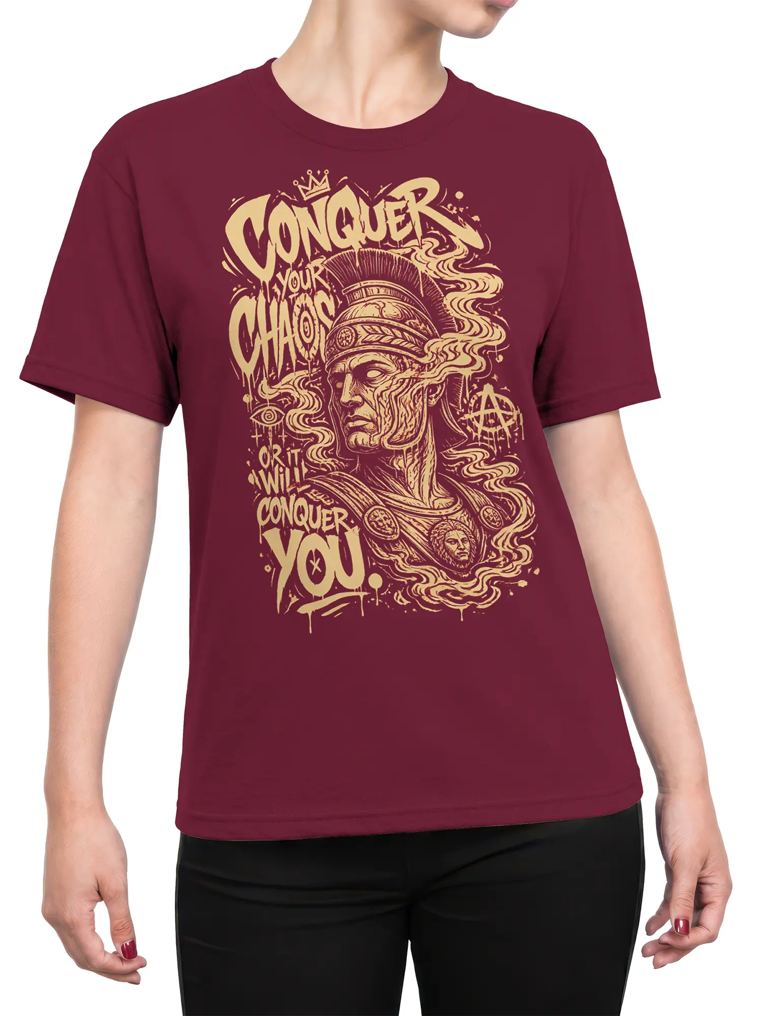 Female torso wearing a burgundy warrior T-shirt with cream Conquer Your Chaos artwork and vintage symbols