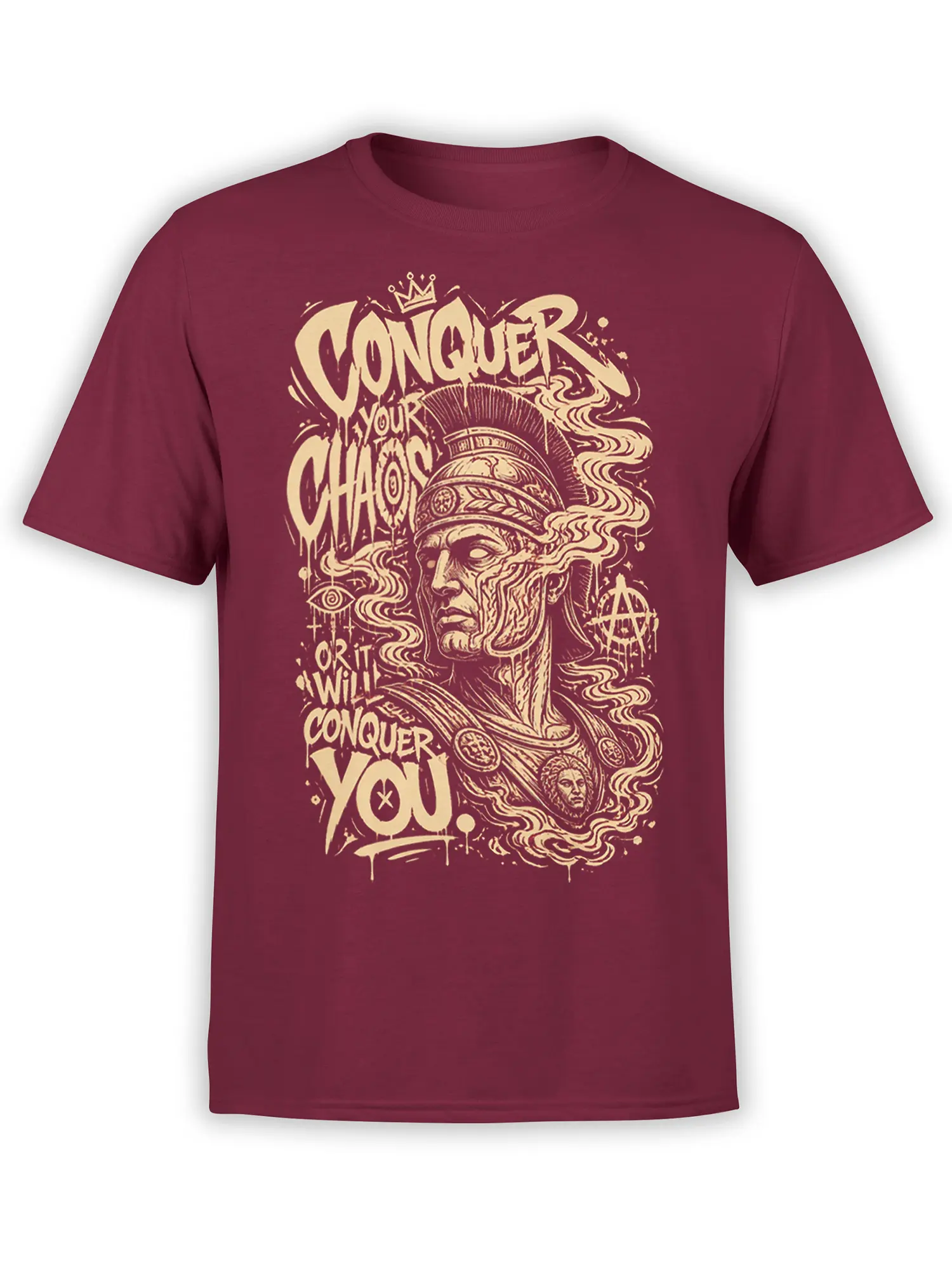 Burgundy warrior T-shirt with cream vintage artwork, flowing hair, symbols, and bold Conquer Your Chaos lettering