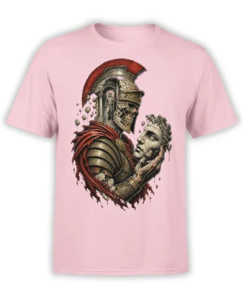 Pink T-shirt featuring a Roman warrior helmet, red plume, weathered armor, and classical stone face artwork